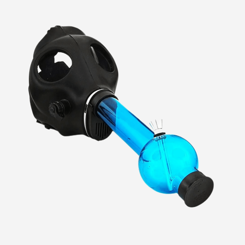 Gas Mask Bong by Pipe420 – classic black gas mask with blue glass water pipe for smooth smoke filtration, suitable for gas mask smoking accessories bulk Los Angeles, CA – distributed by Pipe420