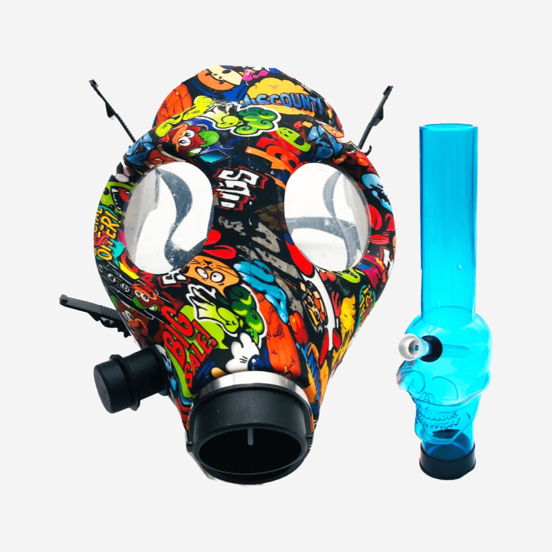 Skull Bong Mask by Pipe420 – green skull-face gas mask smoking accessory with glass bong attachment for collectors, available in gas mask smoking accessories bulk Los Angeles, CA – distributed by Pipe420