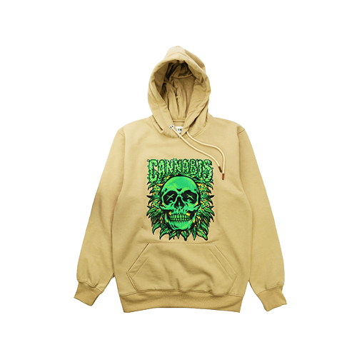 Comfortable yellow hoodie with skull and cannabis theme – Pipe King LLC LA Wholesale Apparel