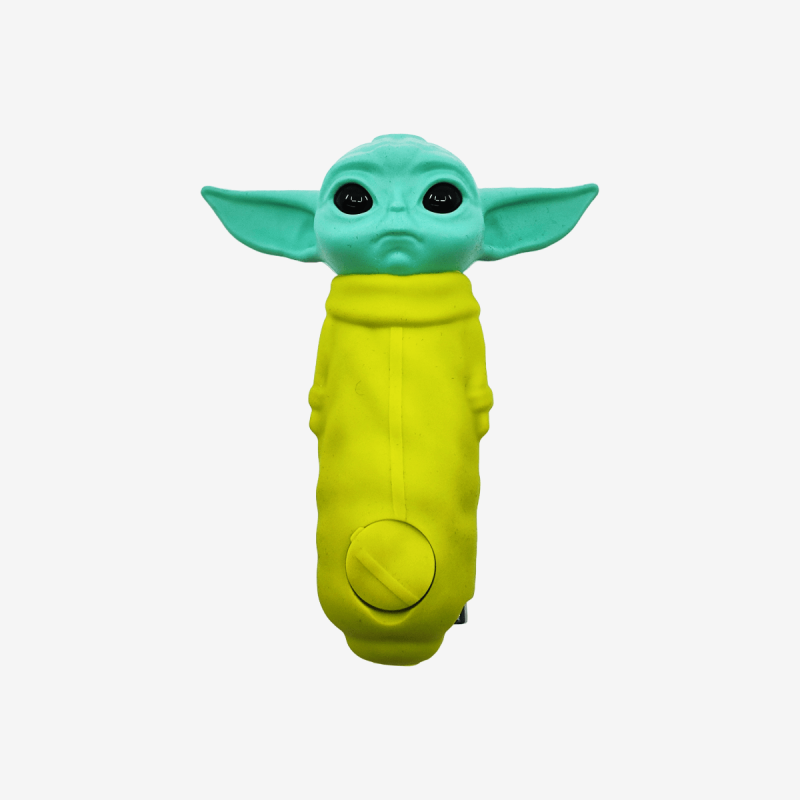 Durable 4 inch silicone hand pipe with Baby Yoda design – Available at Pipe King LLC LA Wholesale Smoke Shop