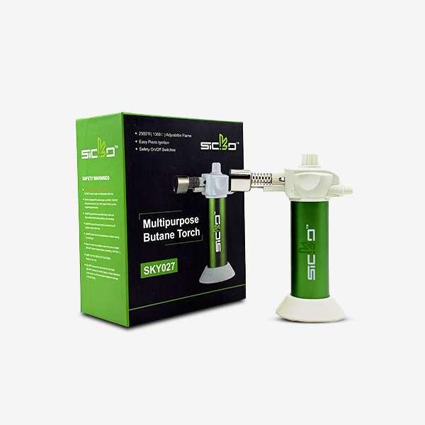 Sicko SKY-027 Torch Lighter Sicko SKY-027 Torch Lighter – compact refillable butane torch with 2500°F adjustable jet flame, shown in multiple colors (Silver, Green, Red, Blue)
