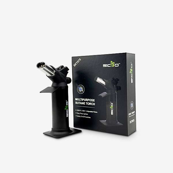 Sicko SKY-075 Torch Lighter with 2500°F windproof flame, piezo ignition, and safety switch — compact and refillable, in Black and Silver.
