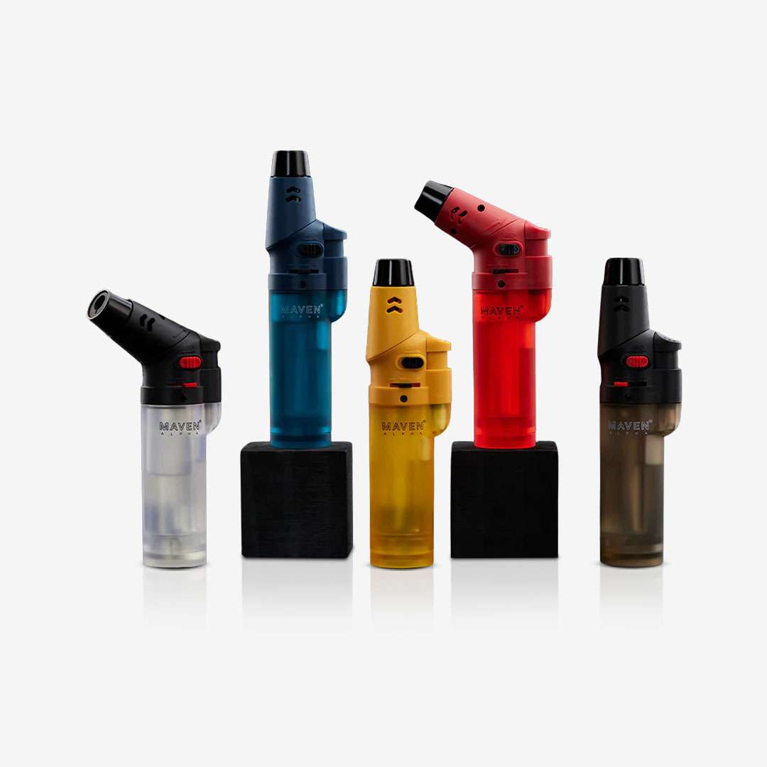 Alpha+ Transparent Collection – 5 Pack Alpha+ Transparent Torch Lighter – 5 Pack with adjustable 8-position head and windproof jet flame, refillable butane lighters in transparent Black, Red, Blue, Green, and White. Ideal for wholesale smoke shops.