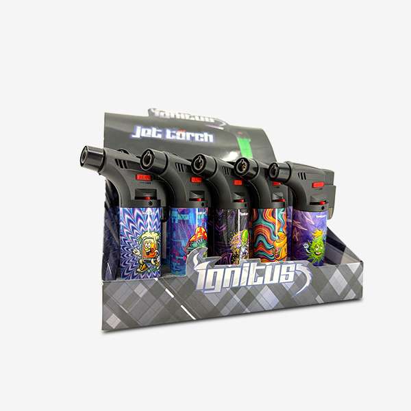 Ignitus Jet Torch Printed – Assorted colorful designs with windproof jet flame and refillable butane tank Ignitus Jet Torch Printed – Assorted colorful designs with windproof jet flame and refillable butane tank