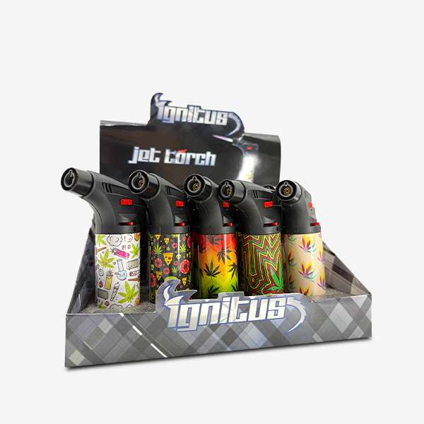 Ignitus Jet Torch Printed – Assorted colorful designs with windproof jet flame and refillable butane tank Ignitus Jet Torch Printed – Assorted colorful designs with windproof jet flame and refillable butane tank