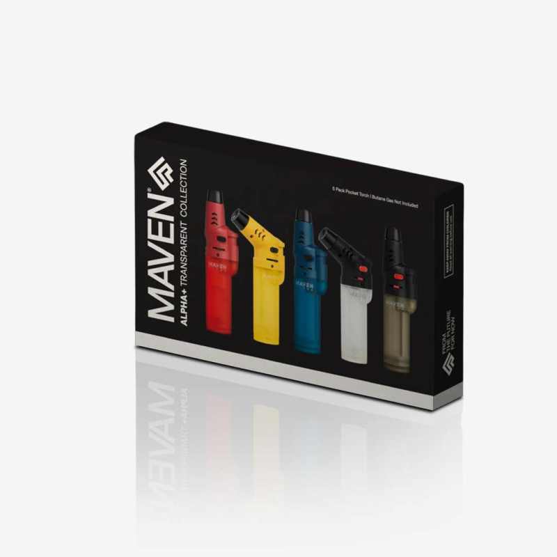 Alpha+ Transparent Torch Lighter – 5 Pack with adjustable 8-position head and windproof jet flame, refillable butane lighters in transparent Black, Red, Blue, Green, and White. Ideal for wholesale smoke shops.