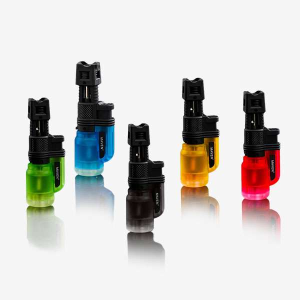 Laytop – 5 Pack Laytop Horizontal Butane Torch Lighter – 5 Pack of refillable lighters with jet flame and transparent tank in Black, Red, Blue, Green, and Yellow. Great for wholesale smoke shop supply.