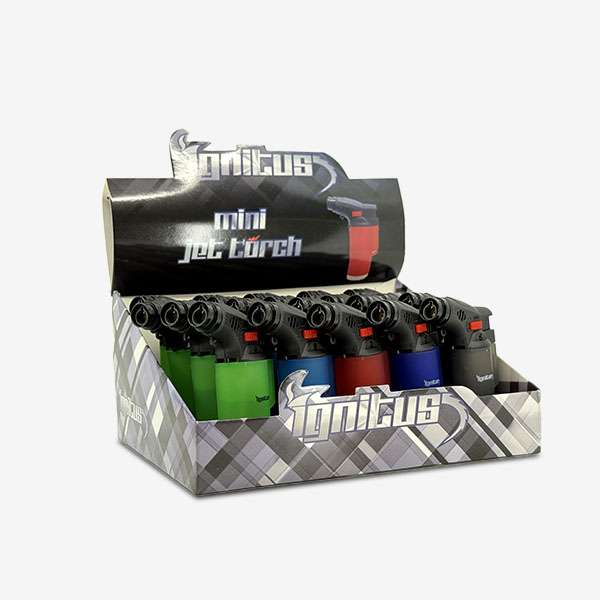 Ignitus Mini Jet Torch Ignitus Mini Jet Torch – Refillable pocket-size lighter with windproof flame, available in Green, Light Blue, Black, Blue, and Red for wholesale smoke shop supply.