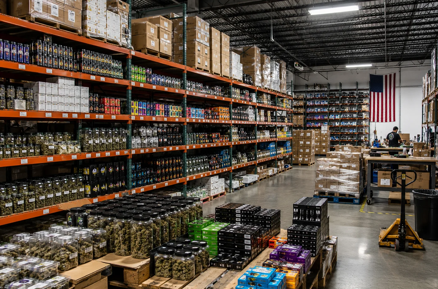 Wholesale smoke shop supplies warehouse with bulk inventory, vape products, and accessories by Pipe420